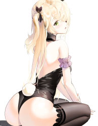 Rule 34 | 1girl, :o, alternate costume, arm support, ass, backless outfit, bare shoulders, black leotard, black thighhighs, blonde hair, bow, breasts, commentary request, eyepatch, fake tail, feet out of frame, fischl (genshin impact), from behind, genshin impact, green eyes, hair bow, highres, kian, leotard, long hair, long neck, looking at viewer, looking back, medium breasts, open mouth, playboy bunny, rabbit tail, seiza, simple background, sitting, solo, tail, thighhighs, two side up, white background