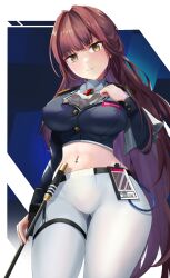 Rule 34 | 1girl, absurdres, ascot, azul (hhez3423), azul (hhez3423), breasts, brown hair, chinese commentary, cowboy shot, crop top, gluteal fold, goddess of victory: nikke, highres, id card, large breasts, long hair, looking at viewer, marciana (nikke), midriff, military uniform, name tag, navel, navel piercing, pants, parted lips, piercing, pointer, solo, standing, tight clothes, tight pants, uniform, very long hair, white pants, yellow eyes