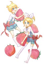 Rule 34 | 1boy, 1girl, bad id, bad pixiv id, blonde hair, blue eyes, brother and sister, food, fruit, holding, holding food, holding fruit, kagamine len, kagamine rin, overalls, poco24, short hair, siblings, strawberry, thighhighs, twins, vocaloid