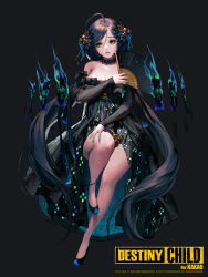 Rule 34 | ahoge, bare shoulders, bari (destiny child), black background, breasts, brown hair, cleavage, destiny child, fire, full body, highres, hyulla, korean clothes, leg lift, lips, long hair, looking at viewer, mole, mole under mouth, nail polish, original, simple background, solo, thighs, very long hair, yellow eyes