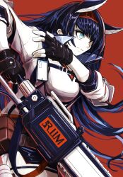 Rule 34 | 1girl, animal ears, aqua eyes, arknights, black gloves, black jacket, blaze (arknights), blue eyes, boushi-ya, breasts, cat ears, cat girl, commentary, fingerless gloves, from side, gloves, hairband, highres, jacket, large breasts, long hair, red background, red hairband, simple background, solo, very long hair, white jacket