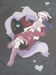 Rule 34 | 1girl, 1other, beanie, blue hair, brown hair, buttons, carrying, closed mouth, coat, creatures (company), darkrai, dawn (pokemon), empty eyes, eyelashes, from side, game freak, gen 4 pokemon, hair ornament, hairclip, hat, hatena to kinoko, heart, legendary pokemon, long hair, long sleeves, looking at viewer, looking away, mythical pokemon, nintendo, pokemon, pokemon (creature), pokemon dppt, pokemon platinum, scarf, sidelocks, white headwear, white scarf, wide hips