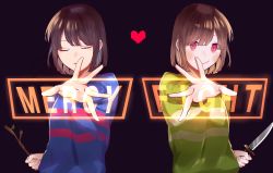 Rule 34 | 2others, akikuriii, androgynous, black background, blue shirt, blush, bob cut, brown hair, chara (undertale), closed eyes, closed mouth, commentary request, frisk (undertale), green shirt, heart, highres, holding, holding knife, holding stick, knife, looking at viewer, multiple others, outstretched arm, outstretched hand, parted lips, red eyes, sanpaku, shirt, short hair, simple background, smile, stick, striped clothes, striped shirt, undertale, upper body, weapon