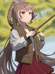 Rule 34 | 1girl, absurdres, ahoge, alternate costume, blurry, blurry background, brown eyes, brown hair, crossed bangs, feather hair ornament, feathers, fishing, fishing gear, fishing rod, hair ornament, hairclip, highres, hippoppo22, holding, holding fishing rod, hololive, hololive english, long hair, long sleeves, multicolored hair, nanashi mumei, pleated skirt, ponytail, red skirt, runes, shirt, skirt, smile, streaked hair, very long hair, vest, virtual youtuber, white shirt