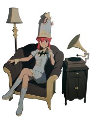 Rule 34 | 1girl, absurdres, armchair, blue dress, blue footwear, blue hat, bone print, boots, breasts, chair, closed mouth, crossed legs, drawer, dress, female focus, flipped hair, frilled dress, frills, full body, hand up, hat, highres, jakuzure nonon, kill la kill, lamp, light smile, looking at viewer, medium breasts, multicolored clothes, multicolored hat, phonograph, pink eyes, pink hair, psylduck, puffy short sleeves, puffy sleeves, shako cap, short hair with long locks, short sleeves, sidelocks, simple background, sitting, skull ornament, solo, split mouth, straight hair, swept bangs, turntable, white background, white hat, wrist cuffs