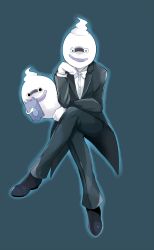 Rule 34 | 10s, bad id, bad pixiv id, black eyes, blue eyes, bow, bowtie, crossed legs, dual persona, full body, ghost, looking at viewer, male focus, mei (maysroom), pants, purple lips, shoes, simple background, sitting, smile, tablet pc, tailcoat, traditional youkai, tuxedo, whisper (youkai watch), youkai pad, youkai watch