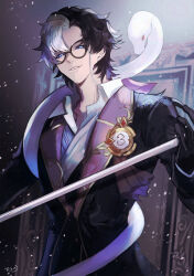 Rule 34 | 1boy, animal, animal around neck, badge, black gloves, black hair, black jacket, blue eyes, blue sclera, cane, colored sclera, eyewear strap, glasses, gloves, highres, holding, holding cane, identity v, jacket, joseph desaulniers, joseph desaulniers (d.m.), lapels, light particles, looking at viewer, male focus, multicolored hair, notched lapels, official alternate costume, open collar, picture frame, pince-nez, rokaji, shirt, snake, solo, two-tone hair, upper body, white hair, white shirt, white snake