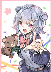 Rule 34 | 1girl, absurdres, ajishio, ascot, blazer, blue jacket, blue skirt, bow, bowtie, cevio, claws, commentary, confetti, double bun, flower, foreshortening, green bow, green bowtie, grey hair, grey sweater, hair bun, hair ornament, hairclip, highres, holding, holding stuffed toy, horns, jacket, koharu rikka, lakiston, leaning forward, looking at viewer, miniskirt, open mouth, outstretched arm, pink bow, pink bowtie, pleated skirt, purple eyes, reaching, reaching towards viewer, short hair, skirt, stuffed animal, stuffed toy, sweater, synthesizer v, teddy bear, upper body