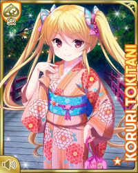 Rule 34 | 1girl, blonde hair, bow, bridge, card (medium), character name, closed mouth, earrings, flower, full moon, girlfriend (kari), hair flower, hair ornament, japanese clothes, jewelry, kimono, long hair, looking at viewer, moon, night, official art, outdoors, purple kimono, qp:flapper, red bow, smile, solo, standing, tagme, tokitani koruri, twintails, yellow eyes