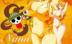 Rule 34 | 1girl, ass, barefoot, bikini, breasts, brown eyes, cleavage, feet, hip focus, huge breasts, large breasts, long hair, nami (one piece), one piece, orange hair, smile, swimsuit, thick thighs, thighs, wide hips