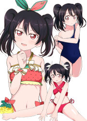 Rule 34 | 1girl, absurdres, artist name, artist request, bare arms, bare shoulders, barefoot, bikini, black hair, blue one-piece swimsuit, blush, bow, breasts, collarbone, competition school swimsuit, day, dual persona, feet, female focus, flower, frilled bikini, frills, green ribbon, hair between eyes, hair flower, hair ornament, hair ribbon, halterneck, highres, long hair, love live!, love live! school idol festival, love live! school idol project, multiple views, navel, one-piece swimsuit, parted lips, polka dot, polka dot bikini, polka dot ribbon, print bikini, red bikini, red bow, red eyes, red footwear, red ribbon, ribbon, school swimsuit, short hair, side-tie bikini bottom, sidelocks, simple background, sitting, sky, small breasts, smile, sparkle, swimsuit, twintails, wariza, water, white background, yazawa nico