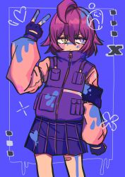 Rule 34 | 1girl, ahoge, armband, bandaid, bandaid on leg, black gloves, blue archive, blush, closed mouth, fingerless gloves, gloves, hair between eyes, highres, hoshino (blue archive), hoshino (young) (blue archive), kuzuuo, long sleeves, looking at viewer, paint splatter, pink eyes, plaid, plaid skirt, red hair, shirt, short hair, simple background, skirt, solo, v, vest, yellow eyes