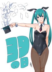 Rule 34 | 1girl, animal ears, blue hair, breasts, fake animal ears, flat chest, ganto, hat, hatsune miku, leotard, lips, long hair, looking at viewer, necktie, pantyhose, playboy bunny, rabbit ears, simple background, solo, standing, thighs, twintails, white background