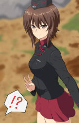 Rule 34 | 1girl, ada badguy, blush, breasts, brown eyes, brown hair, closed mouth, girls und panzer, hat, highres, kuromorimine military uniform, looking at viewer, medium breasts, military, military uniform, miniskirt, nishizumi maho, outdoors, pleated skirt, red skirt, shiny skin, short hair, skirt, smile, solo, standing, uniform, v