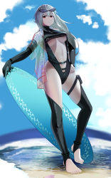Rule 34 | 1girl, absurdres, anklet, arknights, black gloves, black legwear, black one-piece swimsuit, breasts, center opening, eyewear on head, fingerless gloves, full body, gloves, hair between eyes, hand on own hip, highres, jacket, jewelry, large breasts, long hair, looking at viewer, mowangzhanjiang, one-piece swimsuit, parted lips, red eyes, see-through, silver hair, single fingerless glove, skadi (arknights), skindentation, solo, stomach, sunglasses, swimsuit, thighs, underboob, very long hair