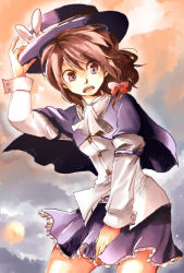 Rule 34 | black skirt, blowing, brown hair, capelet, dawn, fedora, hat, holding, holding clothes, holding hat, long sleeves, looking down, mi8nagi, miniskirt, scarf, shirt, skirt, solo, solo focus, touhou, usami renko, white shirt