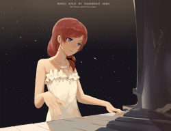 Rule 34 | 10s, 1girl, bare arms, bare shoulders, collarbone, dress, highres, huanxiang heitu, instrument, jewelry, love live!, love live! school idol project, md5 mismatch, music, necklace, nishikino maki, piano, playing instrument, playing piano, purple eyes, red hair, smile, solo, strapless, strapless dress, white dress