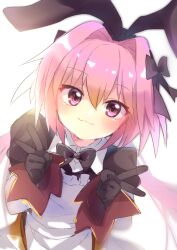 Rule 34 | 1boy, :3, animal ears, archived source, astolfo (fate), astolfo (saber) (fate), astolfo (saber) (third ascension) (fate), black bow, black bowtie, black gloves, blush, bow, bowtie, collared dress, double v, dress, fake animal ears, fate/grand order, fate (series), gloves, hair bow, hair intakes, long hair, maikaihyan, male focus, pink hair, purple eyes, rabbit ears, simple background, smile, solo, trap, twintails, v, white background