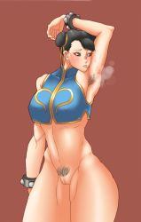 Rule 34 | 1990s (style), 1girl, adapted costume, alternate costume, arm up, armpit hair, armpits, bare shoulders, black hair, blush, bottomless, breasts, brown eyes, capcom, chinese clothes, chun-li, cleft of venus, covered erect nipples, cowboy shot, double bun, eyeliner, female focus, female pubic hair, gold steel, hair bun, hair ribbon, large breasts, makeup, pubic hair, pussy, retro artstyle, ribbon, short hair, simple background, smell, smelling armpit, smelling self, solo, sparse pubic hair, standing, street fighter, street fighter zero (series), studded bracelet, sweat, swept bangs, thick thighs, thighs, uncensored