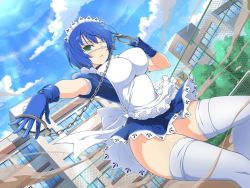 Rule 34 | 1girl, alternate costume, antenna hair, apron, aqua eyes, blue gloves, blue hair, blue shirt, blue skirt, blue sky, blush, bow, breasts, crossover, cuffs, day, eyepatch, frilled apron, frills, gloves, handcuffs, hands up, ikkitousen, large breasts, maid, maid apron, maid headdress, medical eyepatch, medium breasts, miniskirt, mole, mole under mouth, official art, one eye covered, outdoors, puffy short sleeves, puffy sleeves, ryomou shimei, senran kagura, senran kagura new link, shirt, short hair, short sleeves, skirt, sky, solo, taut clothes, thighhighs, thighs, white apron, white bow, white thighhighs, yaegashi nan