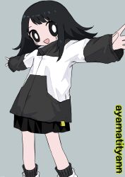 Rule 34 | 1girl, absurdres, black eyes, black hair, black jacket, black skirt, black socks, bright pupils, character name, commentary request, feet out of frame, grey background, high collar, highres, jacket, light blush, long hair, long sleeves, looking at viewer, multicolored clothes, multicolored jacket, open mouth, original, outstretched arms, ribbed socks, romaji text, shii595, simple background, skirt, smile, socks, solo, spread arms, standing, two-tone jacket, white jacket, white pupils