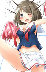 Rule 34 | 10s, 1girl, armpits, bare shoulders, blue eyes, blush, breasts, brown hair, hair ornament, highres, kantai collection, large breasts, leg up, maya (kancolle), neckerchief, one eye closed, open mouth, pom pom (cheerleading), saku (kudrove), short hair, skirt, smile, solo