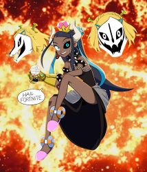 Rule 34 | 1girl, absurdres, antennae, armlet, avengers: infinity war, avengers (series), backlighting, bare shoulders, black dress, black sclera, blonde hair, blue eyes, blue hair, bowsette, bowsette (cosplay), bracelet, braid, breasts, bubble tea, colored sclera, cosplay, creatures (company), crown, crown braid, cup, dark-skinned female, dark skin, diamond (gemstone), dress, drink, drinking straw, earrings, eldritch abomination, english text, female focus, fidget spinner, fire, flowers-imh, fortnite, full body, game freak, gauntlets, gym leader, hair ornament, hairclip, happy, heterochromia, highres, holding, holding poke ball, hoop earrings, horns, infinity gauntlet, invisible chair, jewelry, jpeg artifacts, leg up, long hair, looking at viewer, mario (series), marvel, marvel cinematic universe, meme, minecraft, mismatched earrings, mismatched sclera, multicolored hair, nessa (pokemon), new super mario bros. u deluxe, nintendo, open mouth, pink footwear, pink headwear, poke ball, poke ball (basic), pokemon, pokemon swsh, princess zelda, princess zelda (cosplay), red background, sans (undertale), short hair, shrek (series), single gauntlet, sitting, skull, slippers, small breasts, smile, solo focus, speech bubble, spiked bracelet, spikes, strapless, strapless dress, super crown, talking, teeth, the legend of zelda, the legend of zelda: breath of the wild, the legend of zelda: tears of the kingdom, two-tone hair, undertale, very long hair, white eyes