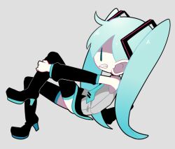 Rule 34 | 1girl, aqua hair, aqua necktie, asp@juken, bare shoulders, black footwear, boots, chibi, clenched teeth, collared shirt, commentary, cowlick, detached sleeves, fang, from side, full body, gradient hair, hatsune miku, holding own leg, large ears, leg grab, long hair, long sleeves, looking down, multicolored hair, necktie, no sclera, shirt, sleeveless, sleeveless shirt, solo, teeth, thigh boots, twintails, vocaloid
