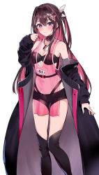 Rule 34 | 1girl, absurdres, azki (2nd costume) (hololive), azki (hololive), bikini, bikini top only, black hair, blush, breasts, cleavage, coat, colored inner hair, dress, hair between eyes, highres, hololive, jacket, jacket partially removed, kneehighs, long hair, medium breasts, midriff, mole, mole under eye, multicolored hair, navel, off shoulder, pink hair, pukara, purple eyes, see-through, see-through dress, shorts, simple background, smile, socks, solo, streaked hair, sweat, swimsuit, virtual youtuber, white background