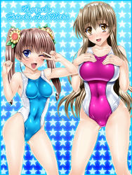 Rule 34 | 2girls, bad id, bad pixiv id, blue eyes, brown eyes, brown hair, competition swimsuit, fang, flower, hair ornament, hairband, highres, long hair, multiple girls, nogizaka haruka, nogizaka haruka no himitsu, nogizaka mika, one-piece swimsuit, sen (sansui), siblings, sisters, sunflower, swimsuit, twintails