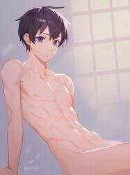 Rule 34 | 1boy, abs, absurdres, arm support, black hair, blue eyes, commentary request, completely nude, cracked skin, day, highres, kiyonagi, kusanagi (kiyonagi), light, male focus, navel, nude, original, parted lips, short hair, sitting, stomach, toned