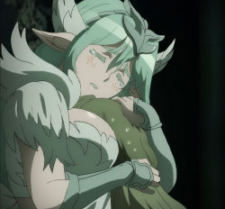 Rule 34 | 2girls, between breasts, breast smother, breasts, cleavage, face to breasts, green eyes, green hair, head between breasts, highres, large breasts, long hair, mahou shoujo tokushusen asuka, multiple girls, ootorii asuka, screencap, stitched, tabira (mahou shoujo tokushusen asuka), third-party edit