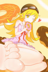 Rule 34 | 1girl, absurdres, artist request, barefoot, blonde hair, doughnut, dress, eating, feet, food, foot focus, frilled dress, frills, goggles, goggles on head, heart, highres, legs together, long hair, monogatari (series), one eye closed, oshino shinobu, pink dress, simple background, sitting, soles, solo, toes, yellow background, yellow eyes