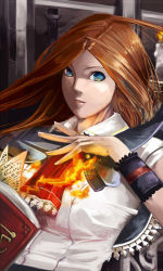 Rule 34 | 1girl, ascot, blue eyes, breasts, brown hair, capelet, castlevania (series), castlevania: portrait of ruin, cevoy, charlotte aulin, dress, fire, large breasts, long hair, looking at viewer, magic, smile, solo