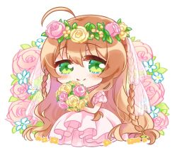 Rule 34 | 1girl, ahoge, blue flower, blush, bouquet, braid, brown hair, chibi, chogi, closed mouth, commentary, dress, eyes visible through hair, floral background, flower, flower wreath, frilled sleeves, frills, green eyes, hair between eyes, head wreath, holding, holding bouquet, jewelry, kanbe kotori, leaf, long dress, long hair, looking at viewer, necklace, pearl necklace, pink dress, pink flower, pink rose, rewrite, rose, short sleeves, sidelocks, simple background, smile, solo, symbol-only commentary, twin braids, very long hair, wavy hair, wedding dress, white background, yellow flower, yellow rose