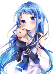 Rule 34 | 10s, 1girl, blue eyes, blue hair, blush, closed mouth, detached sleeves, kantai collection, long hair, matching hair/eyes, nogi takayoshi, samidare (kancolle), simple background, smile, solo, stuffed animal, stuffed cat, stuffed toy, very long hair, white background
