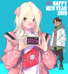 Rule 34 | 1boy, 1girl, 2019, akeome, animal ears, black pants, blonde hair, blue background, chinese zodiac, coat, commentary, commentary request, english commentary, grey hoodie, hands in pockets, happy new year, holding, hood, hood down, hoodie, long sleeves, looking at viewer, mask, new year, open clothes, open coat, original, pants, parted bangs, pig ears, pig mask, pink coat, popqn, pouch, purple eyes, shirt, simple background, standing, white coat, white shirt, year of the pig