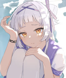 Rule 34 | 1girl, absurdres, bare arms, bracelet, closed mouth, commentary request, dappled sunlight, day, hair bun, hair ribbon, headband, highres, hololive, jewelry, knees up, light blush, looking at viewer, murasaki shion, oisiimizu, orange eyes, outdoors, pantyhose, purple headband, purple ribbon, purple shirt, ribbon, shirt, short sleeves, side bun, single side bun, sitting, solo, sunlight, tearing up, tears, virtual youtuber, white pantyhose