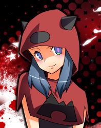 Rule 34 | 00s, 1girl, bad id, bad pixiv id, bazumi, blue eyes, blue hair, creatures (company), game freak, hood, horns, looking at viewer, matching hair/eyes, multicolored eyes, nintendo, npc trainer, pokemon, pokemon rse, red theme, revision, smile, solo, team magma, team magma grunt, upper body