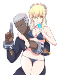 Rule 34 | &gt;:(, &gt;:), 1boy, 1girl, absurdres, arm around neck, artoria pendragon (alter swimsuit rider) (fate), artoria pendragon (alter swimsuit rider) (second ascension) (fate), artoria pendragon (fate), bare arms, bare shoulders, bikini, black bikini, blonde hair, bracelet, breasts, cleavage, closed mouth, cowboy shot, dark-skinned male, dark skin, emiya alter, expressionless, fate/grand order, fate (series), food, frills, frown, gluteal fold, gun, half-closed eyes, handgun, hetero, highres, holding, holding food, holding gun, holding weapon, hug, jewelry, kuso otoko, long sleeves, looking at viewer, maid, maid bikini, maid headdress, medium breasts, pistol, popsicle, short hair, silver hair, simple background, smile, standing, swimsuit, thigh gap, thigh strap, trigger discipline, tsurime, unconventional maid, v-shaped eyebrows, weapon, white background, yellow eyes