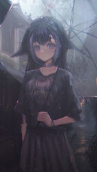 Rule 34 | 1girl, absurdres, animal ears, belt collar, black bracelet, black hair, black shirt, black skirt, blue collar, bracelet, character print, collar, facial mark, highres, holding, holding umbrella, indie virtual youtuber, jewelry, long hair, looking at viewer, merchandise, multicolored hair, orca girl, purple eyes, rain, shirt, shylily, shylily (1st costume), skirt, smile, solo, streaked hair, taku artworks, umbrella, virtual youtuber, white hair
