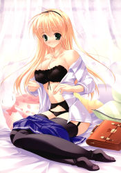 Rule 34 | 1girl, absurdres, bag, bare shoulders, bed, black bra, black panties, blonde hair, blush, bow, bow bra, bra, breasts, cleavage, clothes pull, curtains, full body, garter belt, highres, large breasts, lingerie, mikeou, miraroma, nose blush, open clothes, open shirt, panties, pillow, seihouin erika, shirt, sitting, skirt, skirt pull, sleeves rolled up, solo, source request, strapless, stuffed animal, stuffed rabbit, stuffed toy, thighhighs, unbuttoned, underwear, undressing
