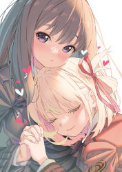 Rule 34 | 2girls, black hair, blonde hair, closed mouth, commentary request, closed eyes, hair ribbon, heart, highres, holding hands, inoue takina, interlocked fingers, kink (tortoiseshell), long hair, looking at viewer, lycoris recoil, multiple girls, nishikigi chisato, purple eyes, red ribbon, ribbon, short hair, simple background, uniform, white background, yuri