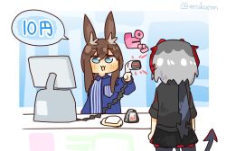 Rule 34 | 2girls, :3, amiya (arknights), animal ears, arknights, back, barcode scanner, black jacket, black skirt, blue eyes, blue shirt, brown hair, cash register, chibi, commentary, convenience store, counter, demon girl, demon tail, food, highres, jacket, lawson, lcron, looking at another, multiple girls, onigiri, rabbit ears, shirt, shop, skirt, standing, store clerk, striped clothes, striped shirt, tail, translated, uniform, w (arknights)