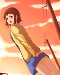 Rule 34 | 1girl, arms behind back, blush, brown eyes, brown hair, female focus, kisen shijima, open mouth, outdoors, short hair, sky, sleeves past wrists, smile, solo, sweater, takanashi nazuna, working!!