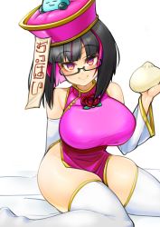 Rule 34 | 1girl, black hair, breasts, chinese clothes, dumpling, flower, food, glasses, gloves, highres, jiangshi, large breasts, multicolored hair, ofuda, rijiato, rose, short hair, smile, super mican, thick thighs, thighhighs, thighs