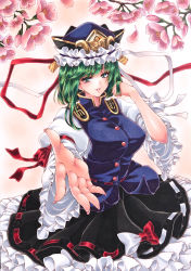 Rule 34 | 1girl, arm up, asymmetrical hair, black skirt, blue vest, blush, breasts, cherry blossoms, closed mouth, commentary request, fingernails, frilled skirt, frilled sleeves, frills, gold trim, green eyes, hat, hat ribbon, highres, large breasts, lips, long hair, long sleeves, looking at viewer, marker (medium), mktr (princess mktr), outstretched arm, petals, petticoat, pink background, red ribbon, ribbon, shiki eiki, simple background, skirt, solo, touhou, traditional media, upper body, vest, white ribbon, white sleeves, wide sleeves