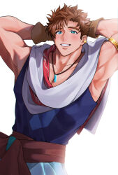 Rule 34 | 1boy, arabian clothes, armlet, armpits, arms behind head, asamine matakara, backlighting, bara, blue eyes, brown hair, bucchigiri?!, cins (kitaru to), cowboy shot, earrings, gloves, grin, highres, jewelry, looking at viewer, male focus, muscular, muscular male, official alternate costume, pectoral cleavage, pectorals, pendant, short hair, simple background, smile, solo, thick eyebrows