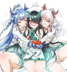 Rule 34 | 3girls, aqua hair, aqua horns, aqua skin, arknights, black hair, black shorts, blue hair, blue horns, blue skin, china dress, chinese clothes, closed eyes, colored skin, commentary request, dragon girl, dragon horns, dress, dusk (arknights), earrings, embarrassed, hair over one eye, holding, holding brush, horns, hug, jacket, jewelry, ling (arknights), long hair, misago33695466, multicolored hair, multiple girls, nian (arknights), open mouth, paintbrush, pointy ears, red hair, red horns, red skin, shorts, siblings, sisters, sleeveless, sleeveless dress, streaked hair, tassel, tassel earrings, very long hair, white dress, white hair, white jacket