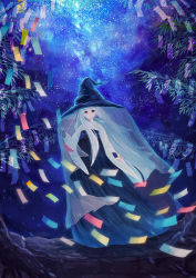 Rule 34 | 1girl, absurdres, blue eyes, blunt ends, fingerless gloves, floating, gloves, hakama, hat, highres, isa yuuri, japanese clothes, long hair, night, night sky, original, outdoors, sky, smile, solo, star (sky), starry sky, tanabata, tanzaku, tree, veil, very long hair, white hair, wind, witch, witch hat